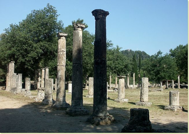 Στη φωτογραφία φαίνεται η ανατολική πλευρά της Παλαίστρας. Πίσω από την αναστηλομένη κιονοστοιχία, που ανοίγεται προς την κεντρική αυλή, υπάρχει σειρά από 19 δωμάτια, ενδιαιτήματα αθλητών, λουτρά, αίθουσες ασκήσεων. Η Παλαίστρα κτίσθηκε το 200 π.Χ.